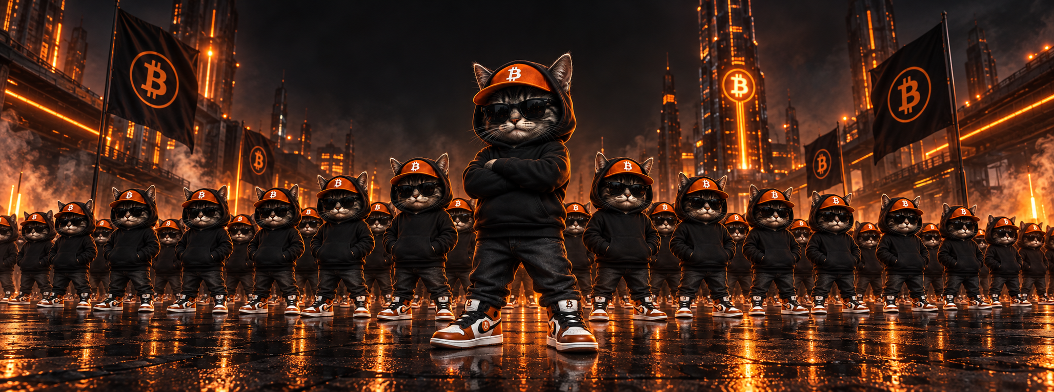 A vast KUROKO army in black hoodies, sunglasses and orange Bitcoin caps standing together in a futuristic city