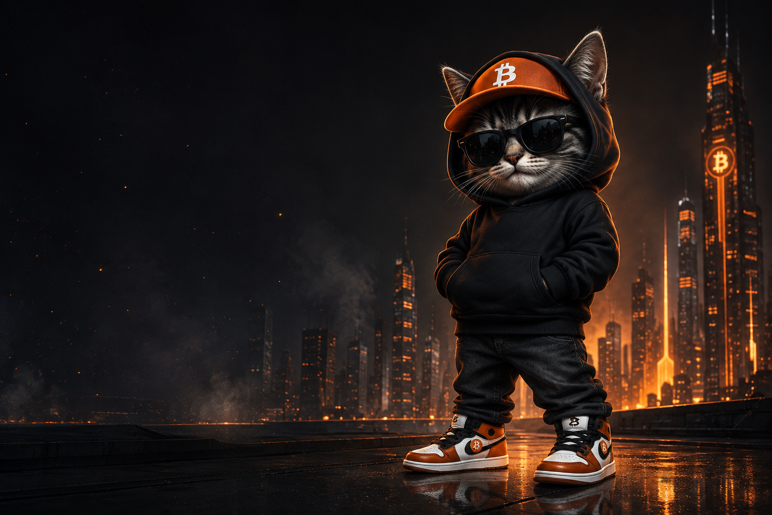 KUROKO in a black hoodie and orange Bitcoin cap overlooking a futuristic city