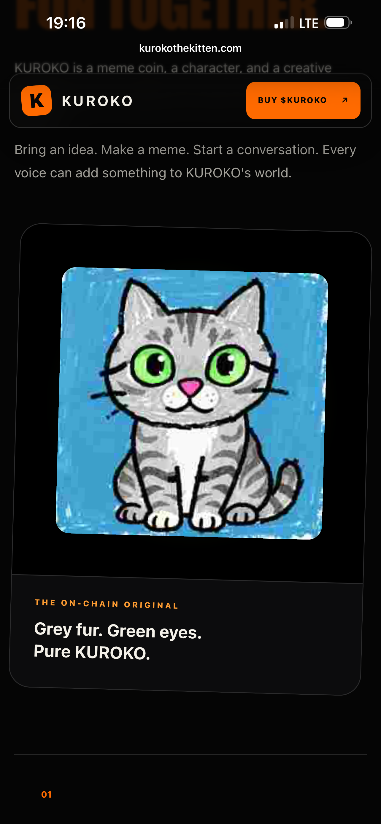 KUROKO's original on-chain artwork: an illustrated grey tabby kitten with bright green eyes on a blue background